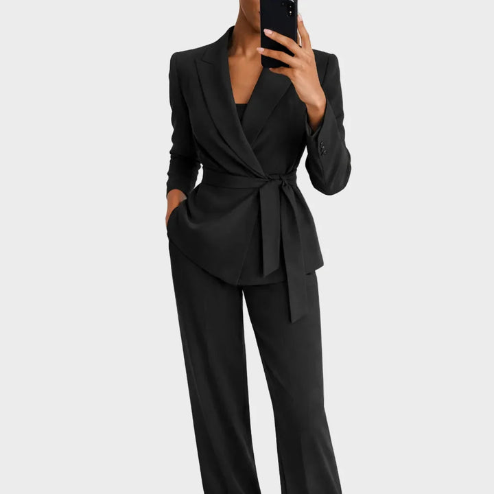 Women's Matching Blazer and Pants Set with Wrap Front and Tie Belt 3