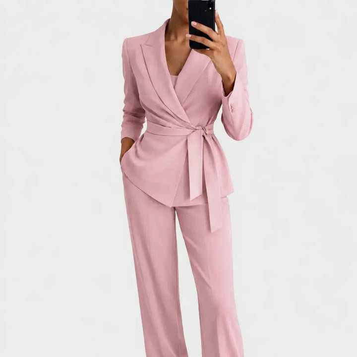 Women's Matching Blazer and Pants Set with Wrap Front and Tie Belt 4