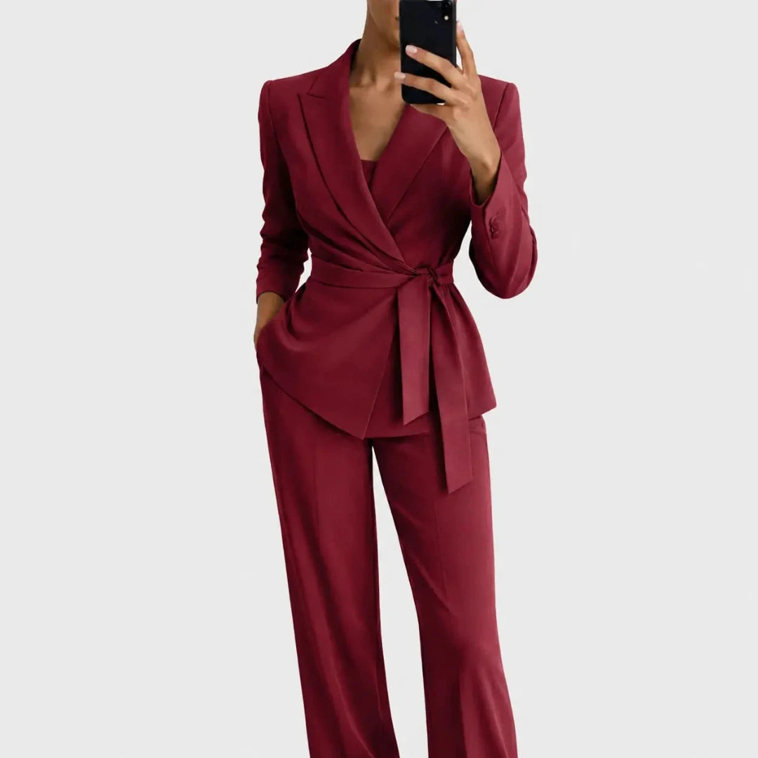 Women's Matching Blazer and Pants Set with Wrap Front and Tie Belt 5