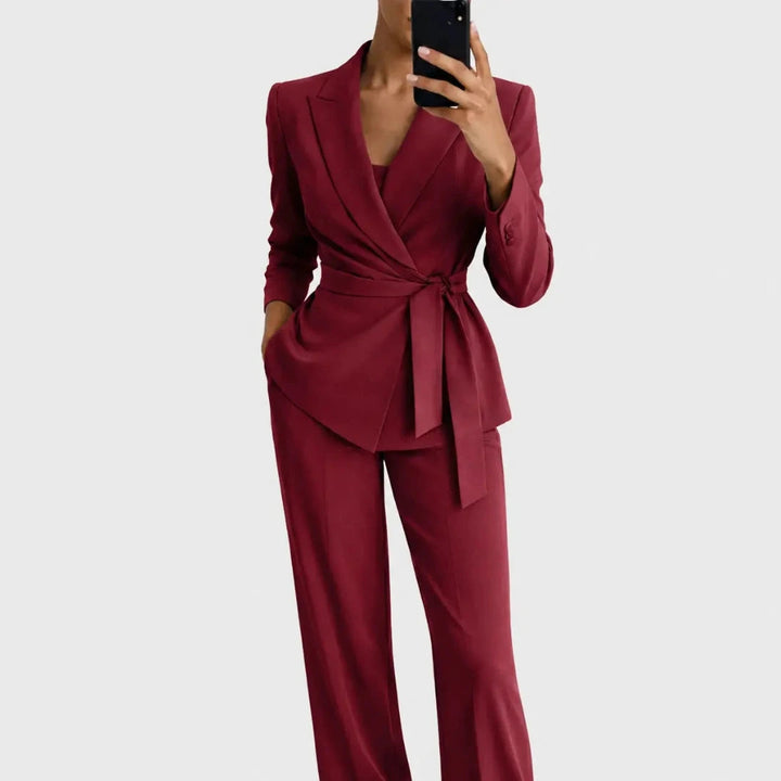Women's Matching Blazer and Pants Set with Wrap Front and Tie Belt 5