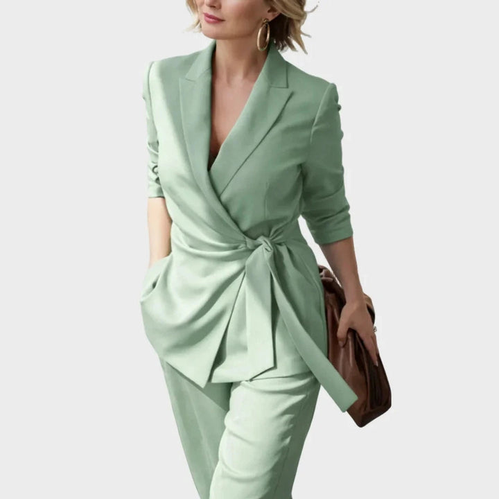 Women's Matching Blazer and Pants Set with Wrap Front and Tie Belt 6