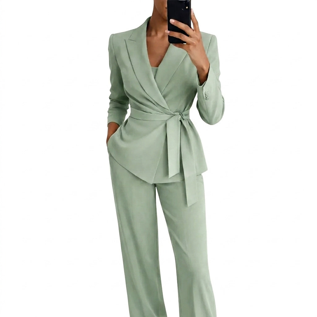 Women's Matching Blazer and Pants Set with Wrap Front and Tie Belt 1
