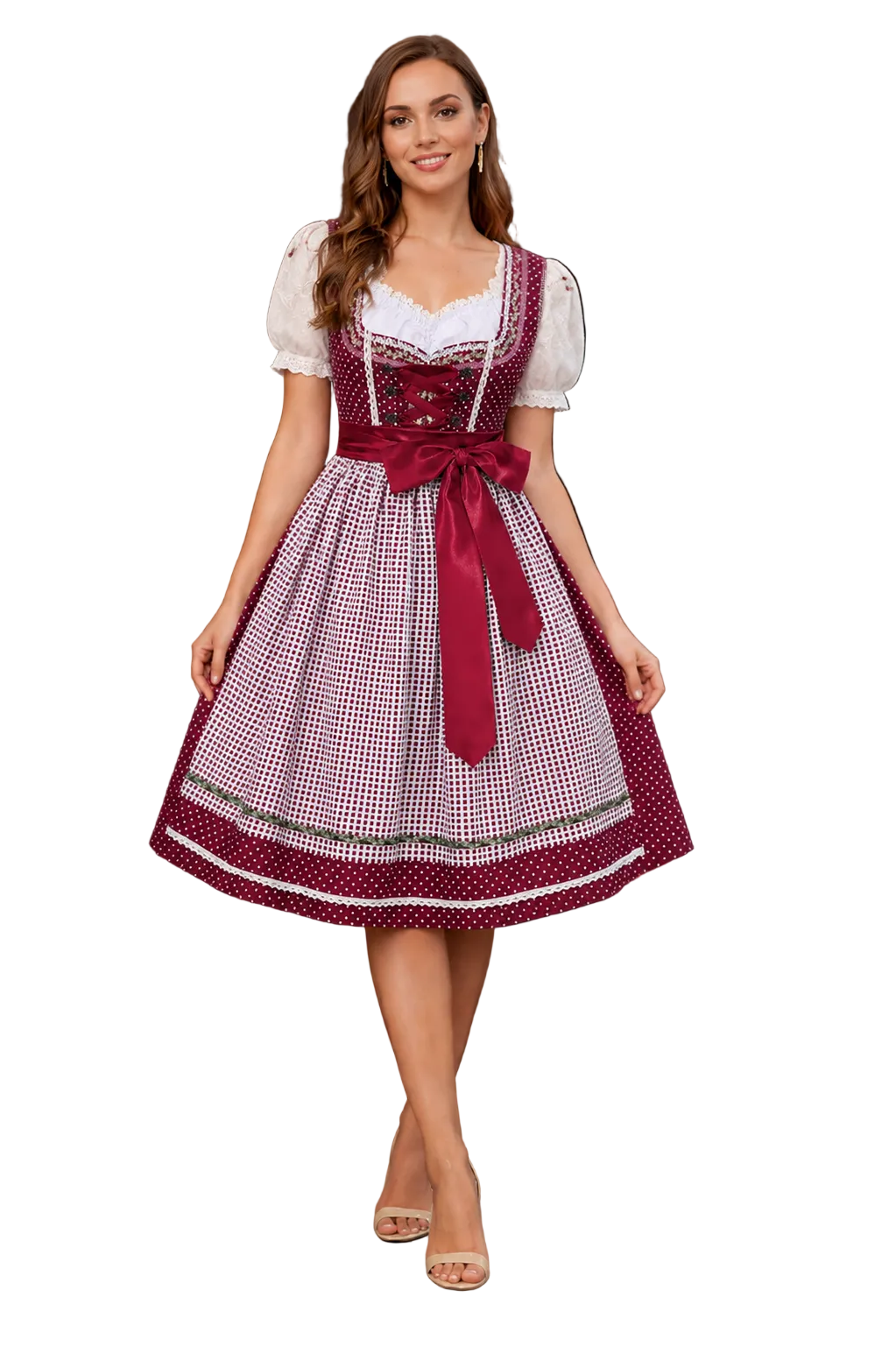 Women's Dirndl Dress with Polka Dot Print, Decorative Lacing and Side Waist Bow 1