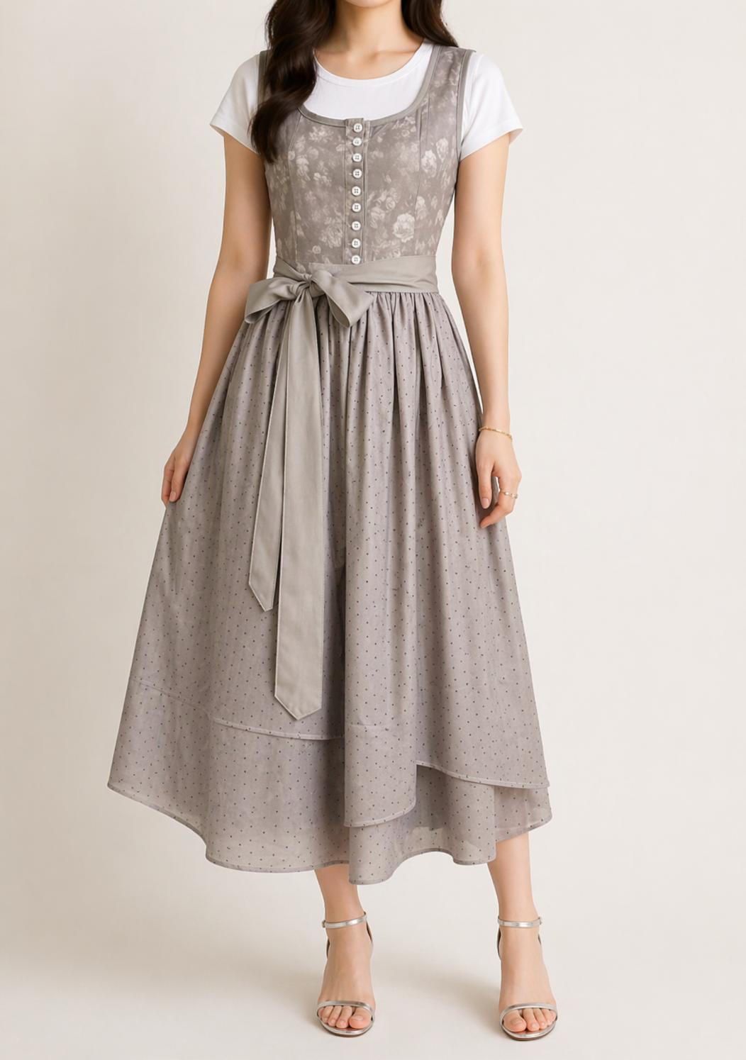 Women's Dirndl Dress with Zipper, Lace Sleeves and Waist Band 3