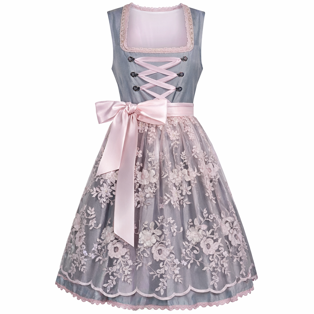 Women's Dirndl Dress with Stand Collar, Lace-Up Front and Lace Overlay 2