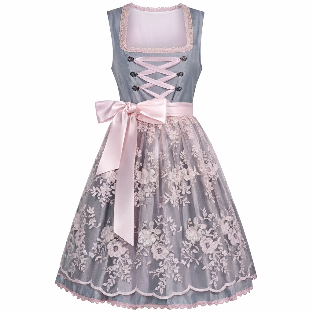 Women's Dirndl Dress with Stand Collar, Lace-Up Front and Lace Overlay 2