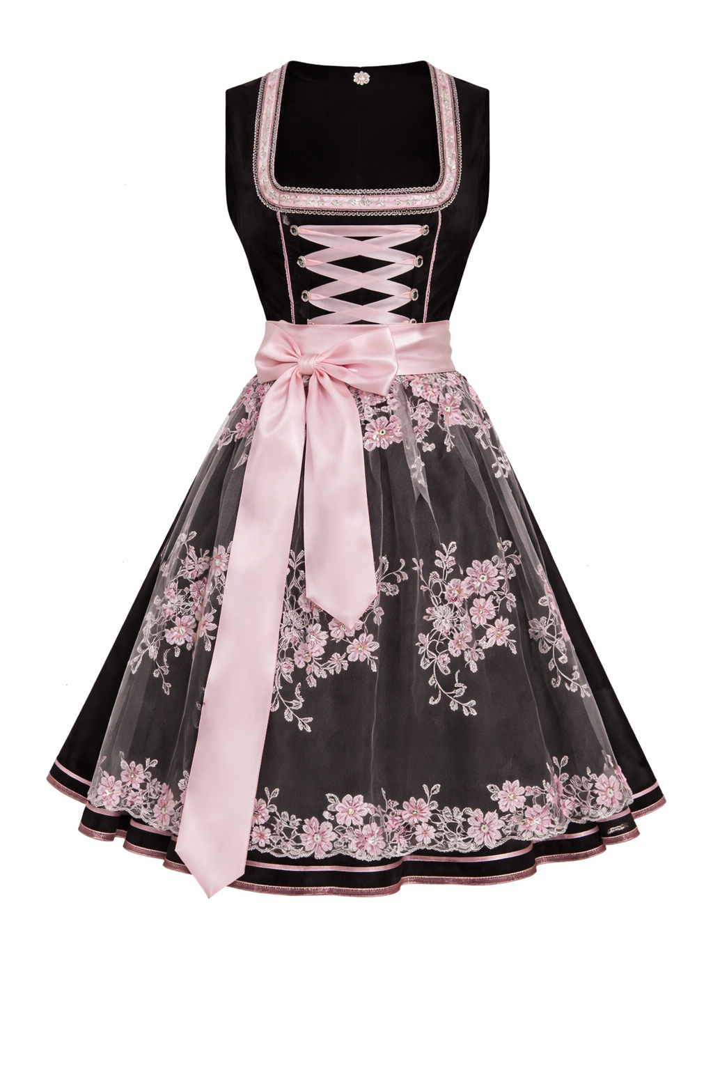 Women's Dirndl Dress with Stand Collar, Lace-Up Front and Lace Overlay 1