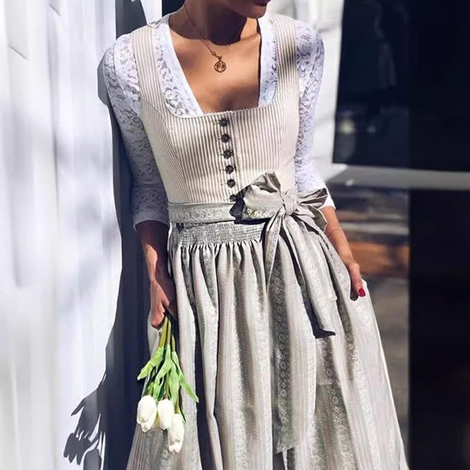 Women's Dirndl Set with Button Placket and Apron 2