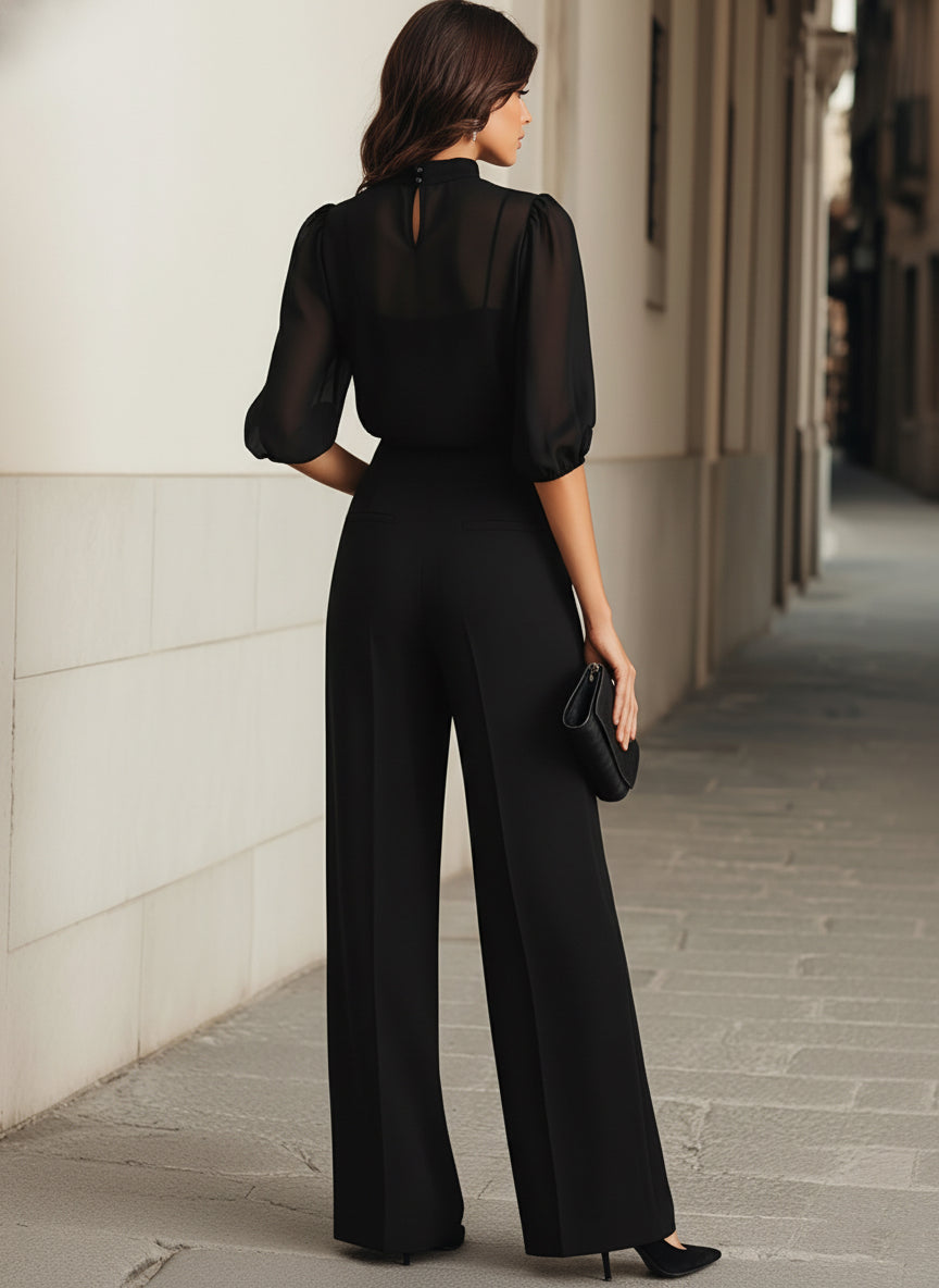 Women's 3-Piece Set with Sheer Yoke Top, Open-Front Layer and Wide-Leg Pants 9