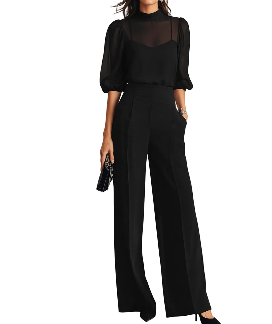 Women's 3-Piece Set with Sheer Yoke Top, Open-Front Layer and Wide-Leg Pants 1
