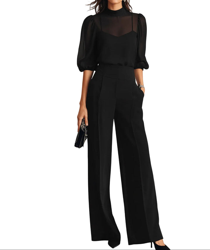 Women's 3-Piece Set with Sheer Yoke Top, Open-Front Layer and Wide-Leg Pants 1