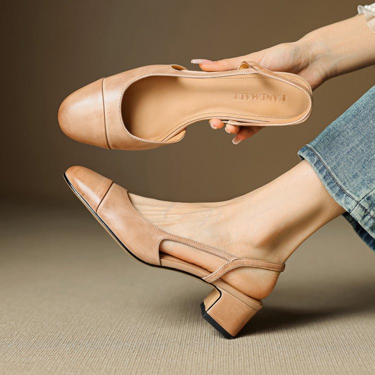 Women's Genuine Leather Slingback Pumps - Cushioned Mid Block Heel 1