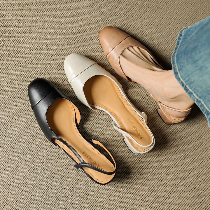 Women's Genuine Leather Slingback Pumps - Cushioned Mid Block Heel 5