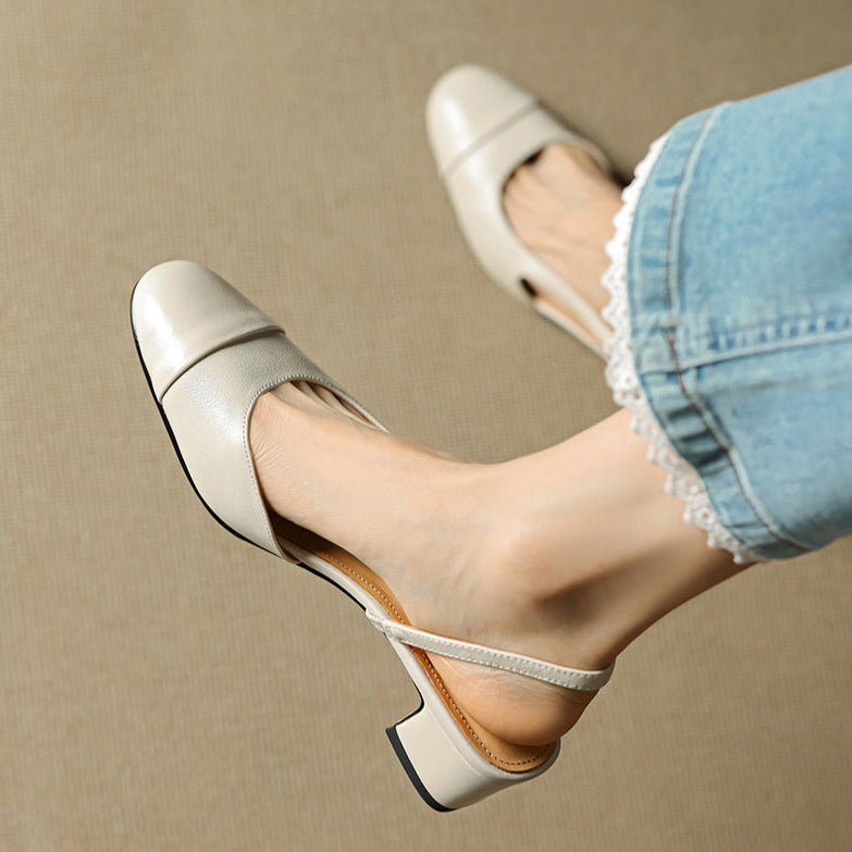 Women's Genuine Leather Slingback Pumps - Cushioned Mid Block Heel 6