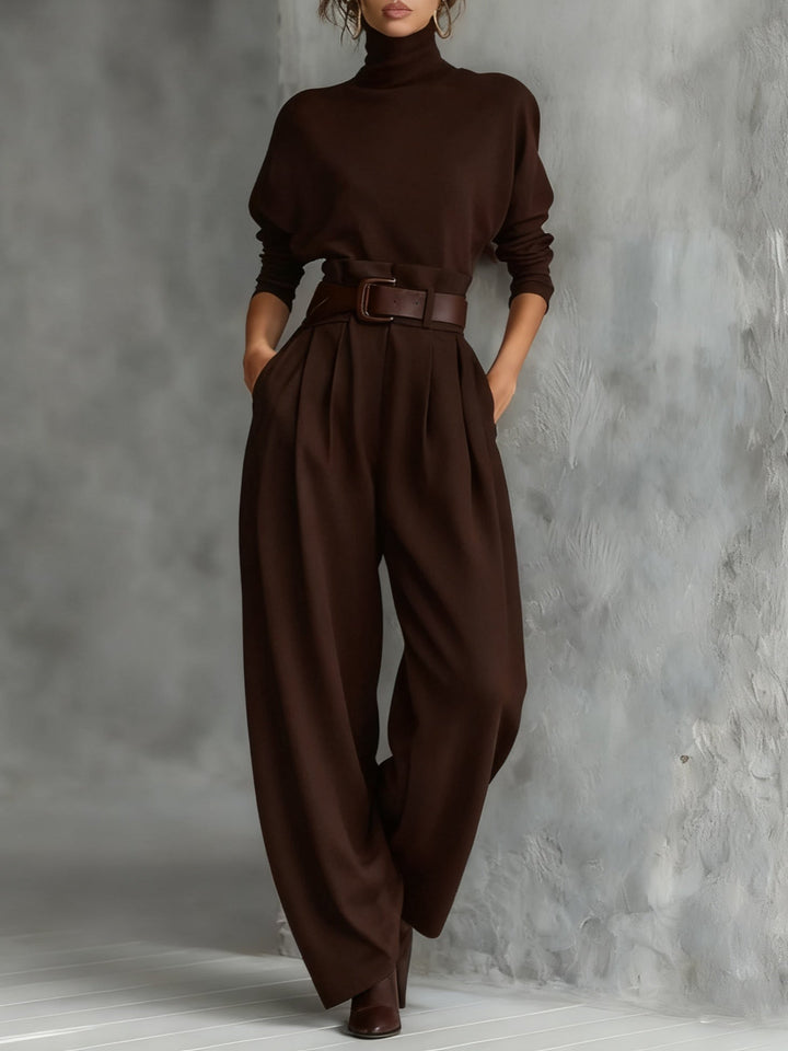 Women's Two-Piece Set with High Neck Top, Long Sleeves and Wide Leg Pants 5