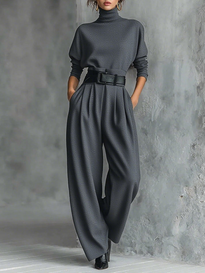 Women's Two-Piece Set with High Neck Top, Long Sleeves and Wide Leg Pants 7