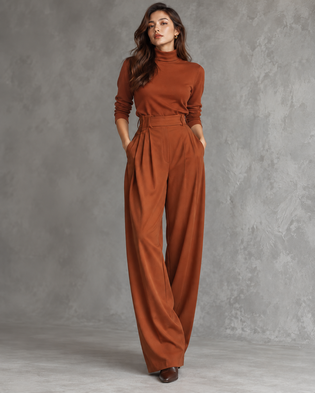 Women's Two-Piece Set with High Neck Top, Long Sleeves and Wide Leg Pants 8