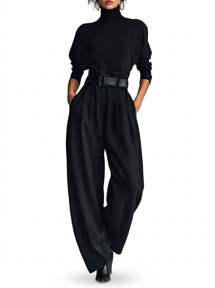 Women's Two-Piece Set with High Neck Top, Long Sleeves and Wide Leg Pants 1