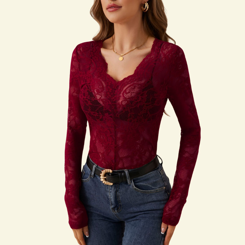 Women's Long Sleeve Lace Blouse with V-Neck and Wavy Trim 4