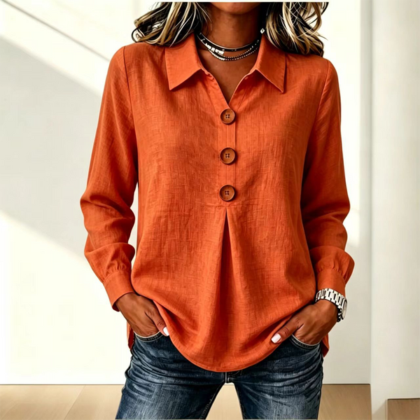 Women's Long Sleeve Button Placket Shirt with Collar 12