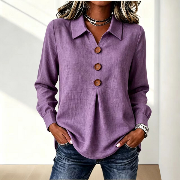 Women's Long Sleeve Button Placket Shirt with Collar 14