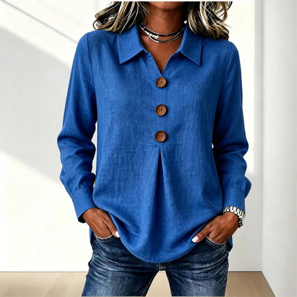 Women's Long Sleeve Button Placket Shirt with Collar 15