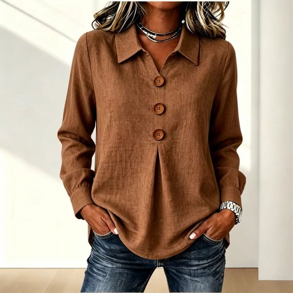 Women's Long Sleeve Button Placket Shirt with Collar 3