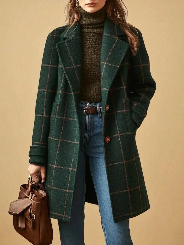 Women's Long Plaid Coat with Structured Collar and Button Front 1