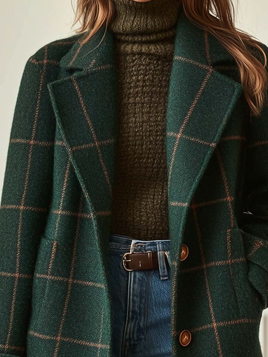 Women's Long Plaid Coat with Structured Collar and Button Front 3