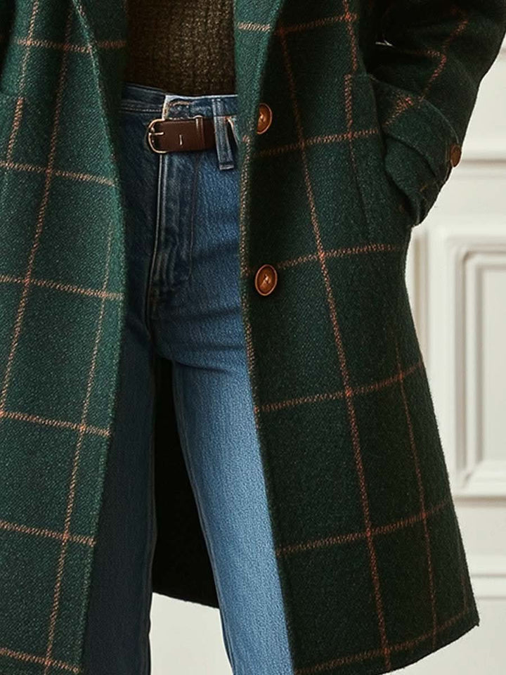 Women's Long Plaid Coat with Structured Collar and Button Front 4