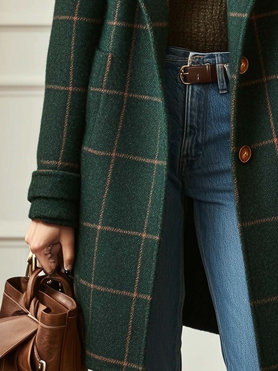 Women's Long Plaid Coat with Structured Collar and Button Front 5