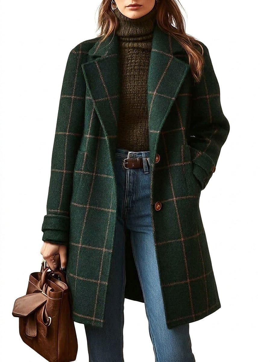 Women's Long Plaid Coat with Structured Collar and Button Front 2