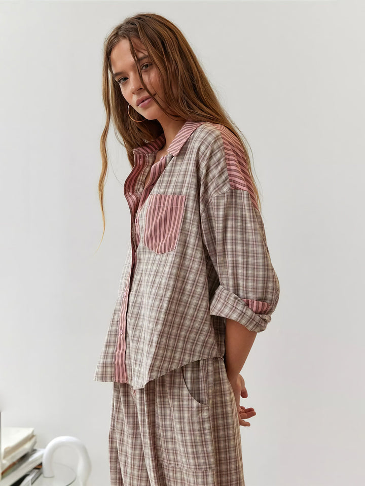 Women's Pajama Set with Button-Up Shirt and Elastic Waist Pants 2