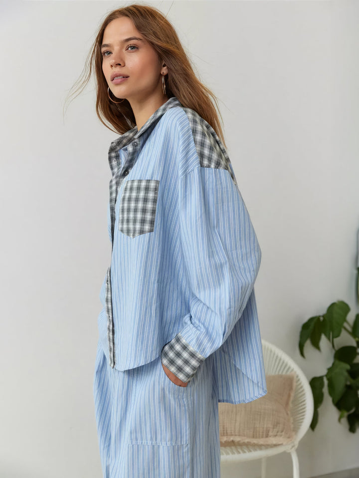 Women's Pajama Set with Button-Up Shirt and Elastic Waist Pants 3