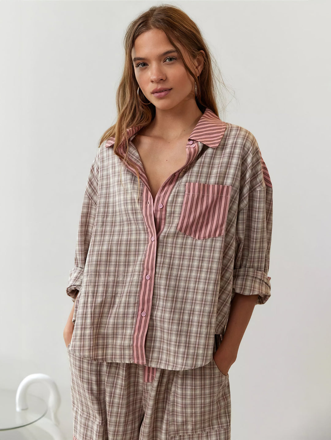 Women's Pajama Set with Button-Up Shirt and Elastic Waist Pants 4