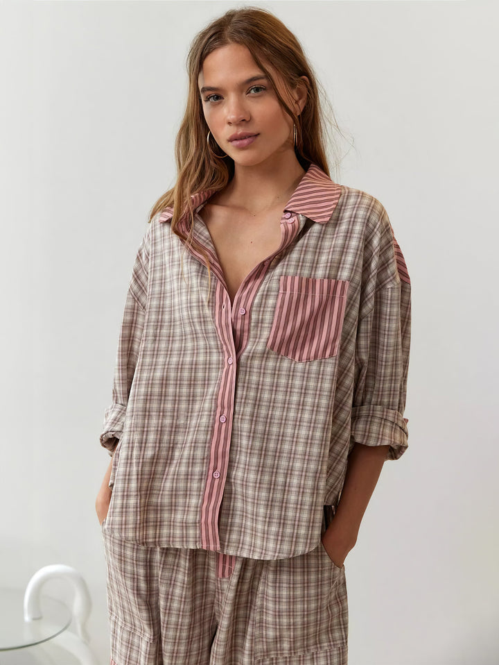 Women's Pajama Set with Button-Up Shirt and Elastic Waist Pants 4