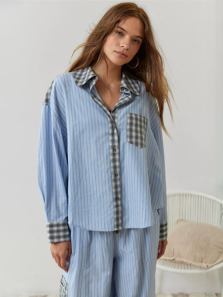 Women's Pajama Set with Button-Up Shirt and Elastic Waist Pants 5