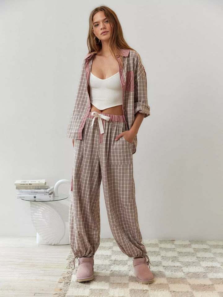 Women's Pajama Set with Button-Up Shirt and Elastic Waist Pants 6
