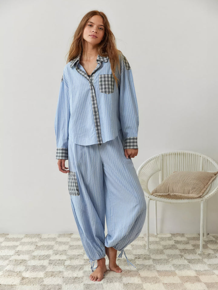 Women's Pajama Set with Button-Up Shirt and Elastic Waist Pants 7
