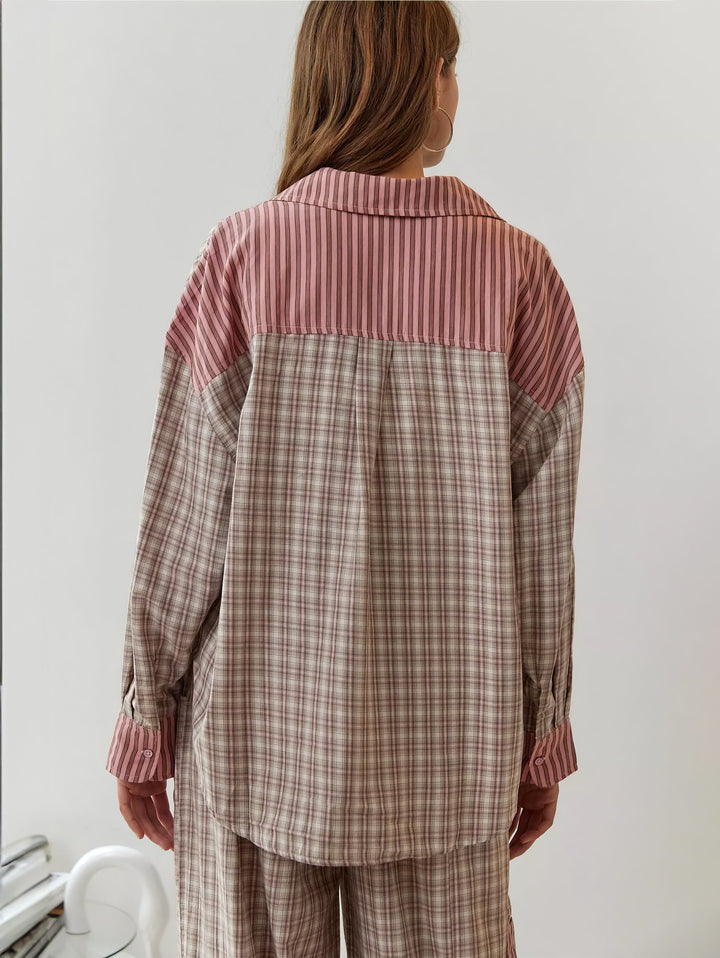 Women's Pajama Set with Button-Up Shirt and Elastic Waist Pants 8