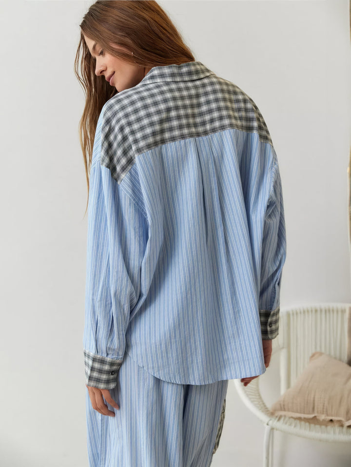 Women's Pajama Set with Button-Up Shirt and Elastic Waist Pants 9