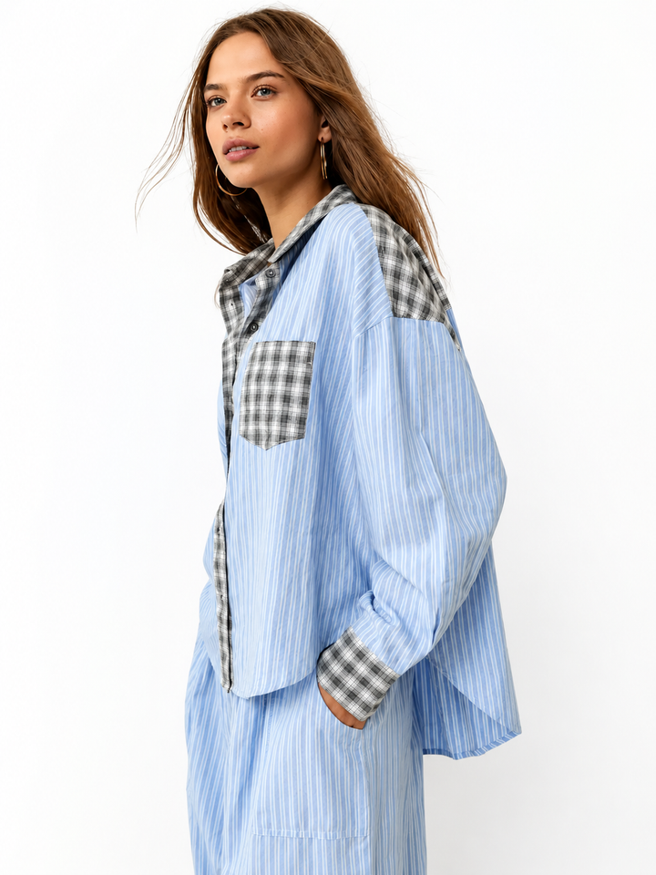 Women's Pajama Set with Button-Up Shirt and Elastic Waist Pants 1