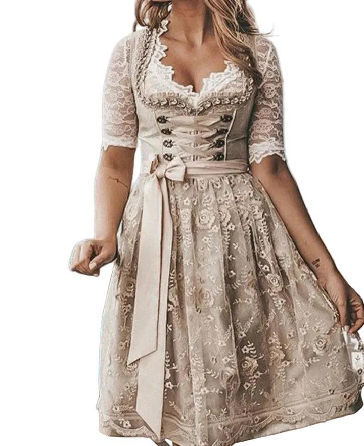 Women's Traditional Dirndl Dress with Lace Blouse and Lace-Up Bodice 1