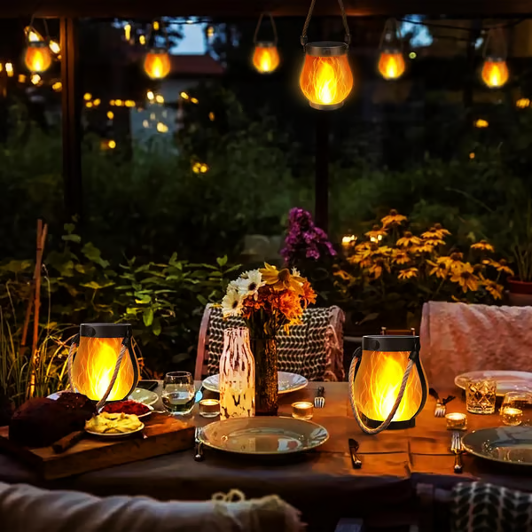 Solar Garden Lantern with Flickering Flame Effect, Rechargeable Bronze Metal Outdoor Light 7