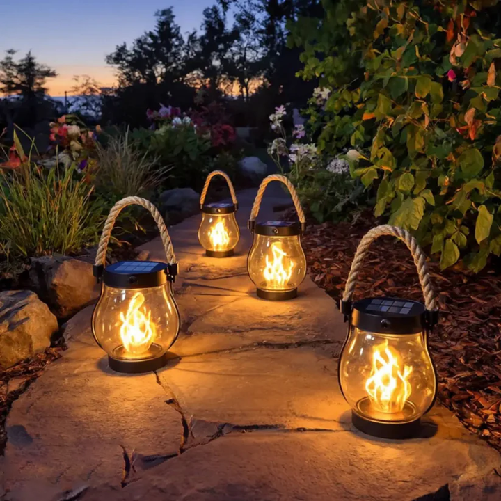 Solar Garden Lantern with Flickering Flame Effect, Rechargeable Bronze Metal Outdoor Light 13