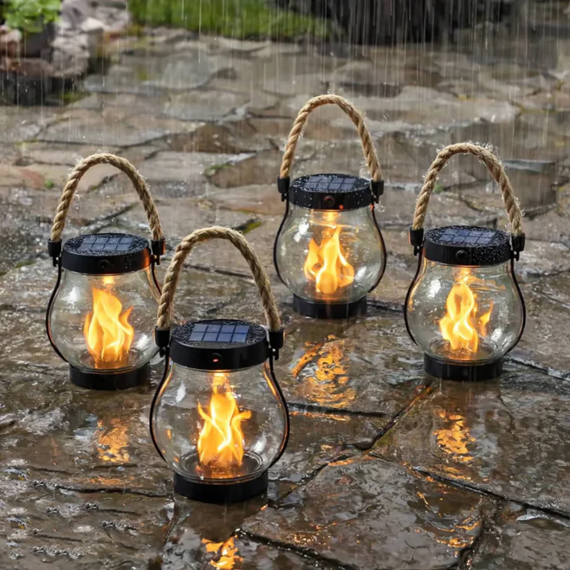 Solar Garden Lantern with Flickering Flame Effect, Rechargeable Bronze Metal Outdoor Light 10