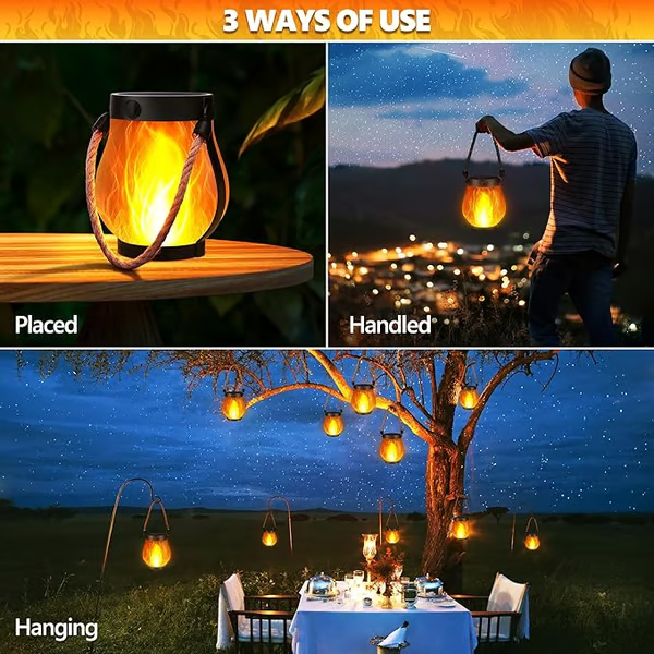 Solar Garden Lantern with Flickering Flame Effect, Rechargeable Bronze Metal Outdoor Light 5