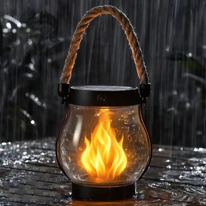 Solar Garden Lantern with Flickering Flame Effect, Rechargeable Bronze Metal Outdoor Light 8