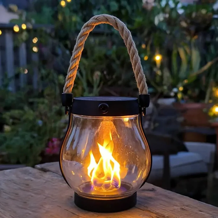 Solar Garden Lantern with Flickering Flame Effect, Rechargeable Bronze Metal Outdoor Light 9