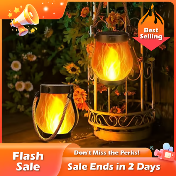Solar Garden Lantern with Flickering Flame Effect, Rechargeable Bronze Metal Outdoor Light 2